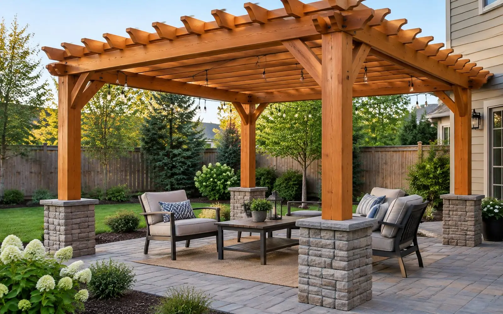 Cedar wood pergola with stone column bases over a paver patio with outdoor seating