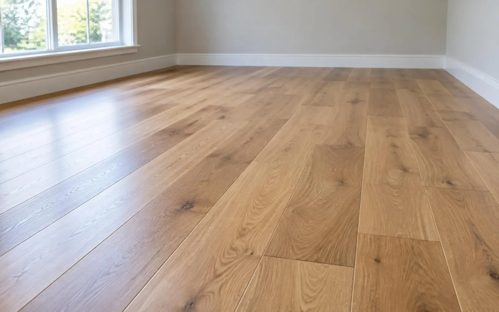 Newly installed light oak wood floor planks in an empty room with white baseboards